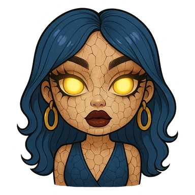 Add cracked porcelain effect to the emoji, keep glowing eyes, creepy gyaru style, blue hair, pretty makeup, bratz baddie vibe, emoji style, with no background. sticker