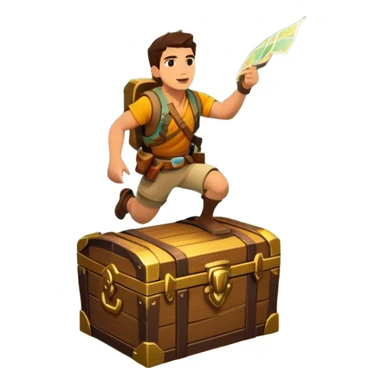 Icon for Adventure Movie: A vibrant, cinematic poster-style design featuring an action-packed scene. Include an adventurer with a map, a treasure chest, a jungle background, a towering mountain, and ancient ruins. Bright colors, bold typography, and an exciting atmosphere. Transparent background. sticker