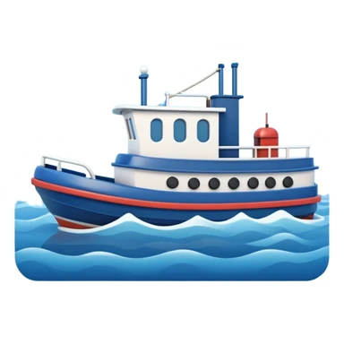 A 3D cartoon tugboat towing another boat on calm blue water, soft waves, clear sky, Memoji-style. sticker