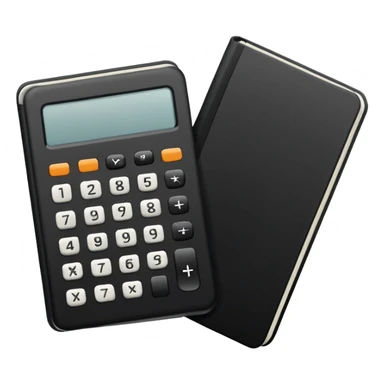 Minimalistic flat vector icon, iOS style, thin black contour on white background. Small black notebook with visible binding, placed next to a calculator. Clean, modern, no text, no shadows. sticker