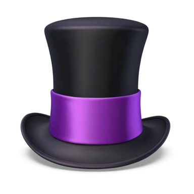 3D apple-style emoji of a tall vintage black top hat with a wide brim and a bright purple ribbon, smooth slightly glossy surface, simplified shapes, cartoon-like look, soft shadows, white background sticker
