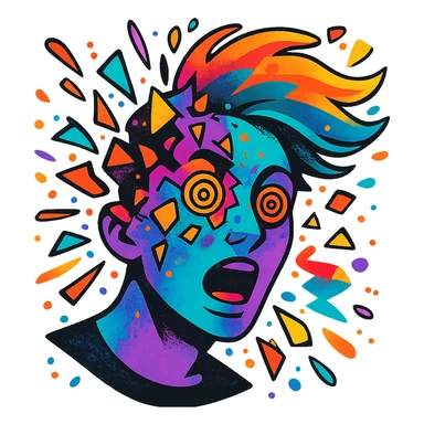 person with acid purple and turquoise neon skin, face breaking apart in colorful explosion, airbrushed, hair as flowing liquid color, spiral eyes, geometric accents, paint flecks, energetic motion sticker