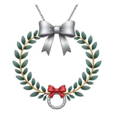 A silver necklace with a wreath shaped pendant and a bow at the top sticker