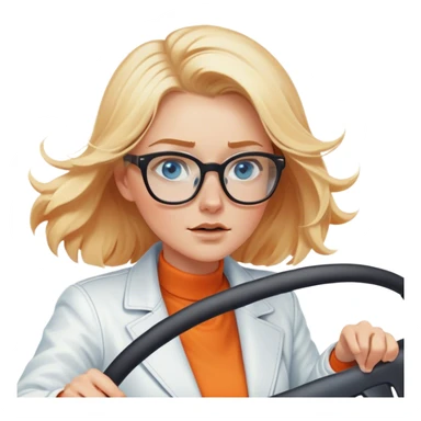 A cinematic realistic blonde with blue eyes and glasses, wearing a white jacket, is driving an orange car, her hair is slightly blowing in the wind sticker