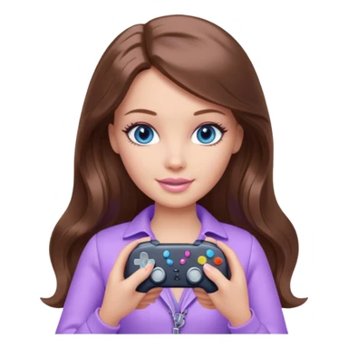 beautiful barbie girl with long brown hair, blue eyes and wearing light purple clothes playing console games with controller sticker