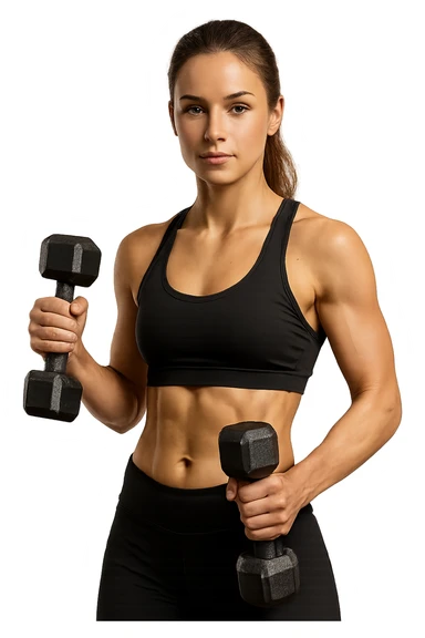 donna fitness in forma con manubri da palestra in mano, isolata su sfondo bianco sticker