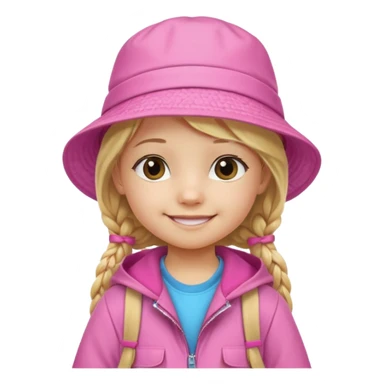 Little girl kid student, long braid blonde, wears pink bucket hat and jacket, backpack, happy sticker