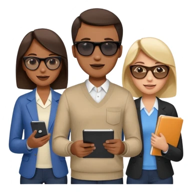 Команда в костюмах из трёх человек. на переднем палне Мужчина впереди общается по смартфону, дальше женщина слева стоит с ноубуком, мужчина справа держит бумаги. У всех людей разные, но позитивные эмоции. Все троя в солнцезащитных очках sticker