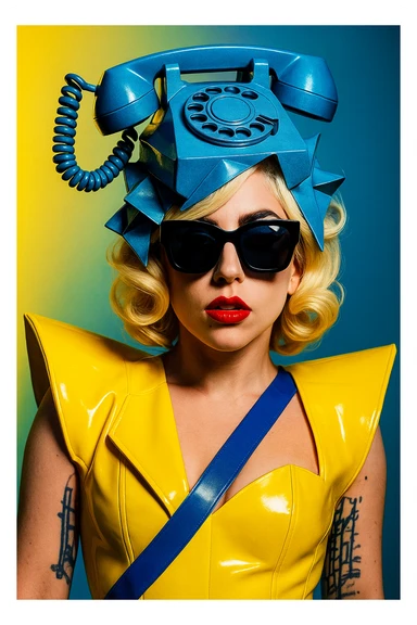 Lady Gaga in the Telephone video, wearing sunglasses and a telephone hat, dramatic pop fashion sticker