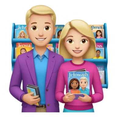 Duas Testemunha de jeová pregando com um display de revistas sticker