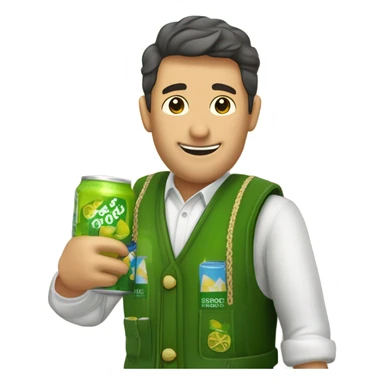 un vendedor con un palo de ciego, un chaleco verde, y tiras de cupones en el chaleco, bebiendose una cerveza sticker