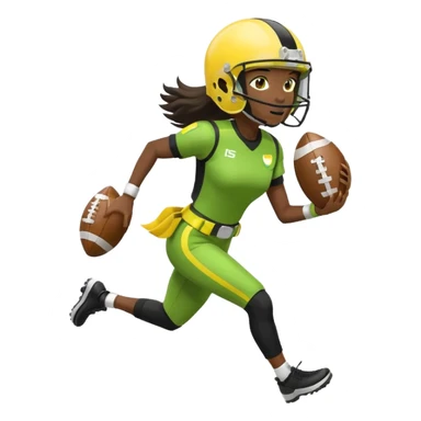 woman running with a football, wearing a helmet, black uniform with white accents, lemon lime flag belt, no country flags sticker
