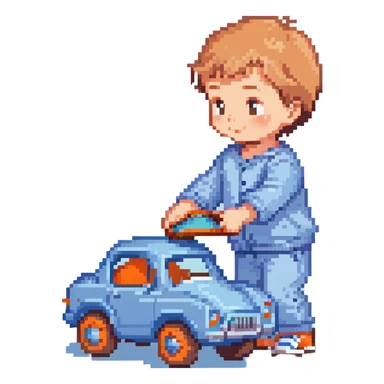 cute toddler boy with pastel blue clothes playing with a blue toy car sticker