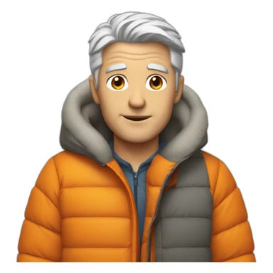 young gray-haired white man with an orange down jacket sticker
