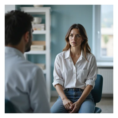 A woman in casual clothing sitting in front of a doctor in a modern clinical office, serious and determined expression, asking for a prescription for dry thyroid of pig. The doctor listens attentively, hyperrealistic details, 4K resolution. sticker