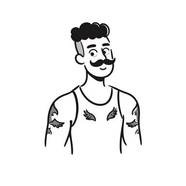 pumped up white male, buzz cut black hair, handlebar mustache black, two wings tattooed on his chest sticker