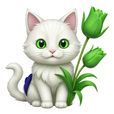 white cat holding green tulips sticker