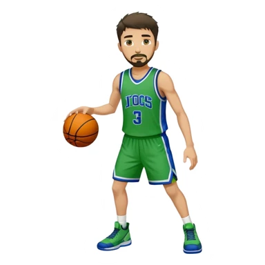 Full Body white male basketball player with short dark shaggy hair and goatee wearing green and blue uniform sticker