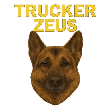 Make the background fully transparent while keeping the realistic German Shepherd and the yellow 'Trucker Zeus' text intact. Maintain maximum compression for the image. sticker