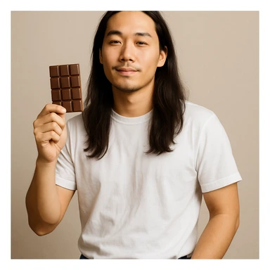 long haired Asian man with chocolate bar, wearing white T-shirt and jeans, relaxed expression sticker