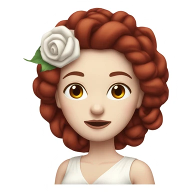 30-something pale-skinned woman with all her dark red hair coiled tightly up on her head, wearing a white dress sticker