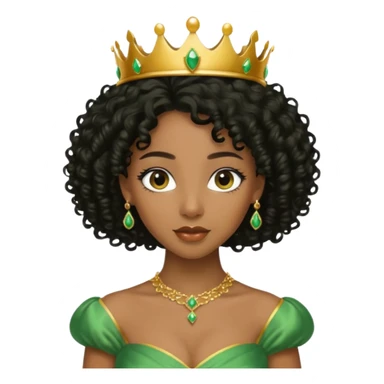 balck princess with black curly hair and a golden tiara. Green dress sticker