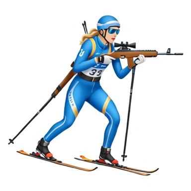 An icon showing a biathlete skiing on a snow-covered Olympic track with a rifle on their back. Cheering fans fill the stands. Majestic mountains, snowy trees, and a bright blue sky complete the scenic winter landscape. Transparent background captures the spirit of biathlon. sticker