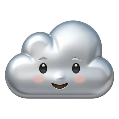 A cute cloud emoji made of silver chrome, smooth rounded shape, glossy metallic surface, soft reflections, minimal and friendly design, iOS emoji style, centered, clean white background, soft lighting sticker