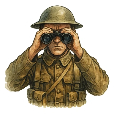 Военный времен Первой мировой смотрит прямо на зрителя в бинокль, слегка рисованный, но при этом объемный стиль, прозрачный фон sticker