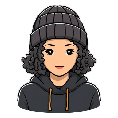 woman with curly hair and a beanie sticker