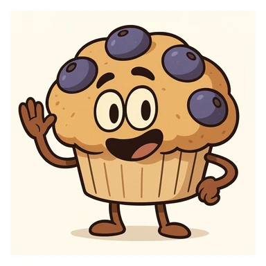a cute blueberry muffin character waving, cartoon style, white background sticker