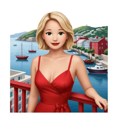 jennifer lawrence, closeup portrait , leaning on a balcony with a harbor and cityscape in the background, smiling, red dress  sticker