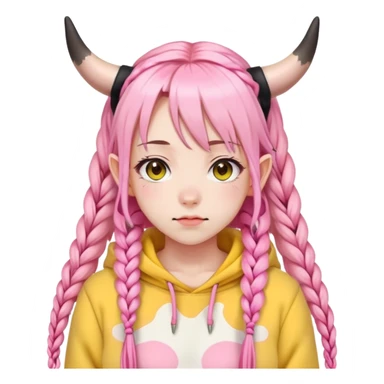 En anime-jente med rosa lange fletter, ku-horn og ku-ører, sort BH-topp over en gul crop-fleece-genser sticker