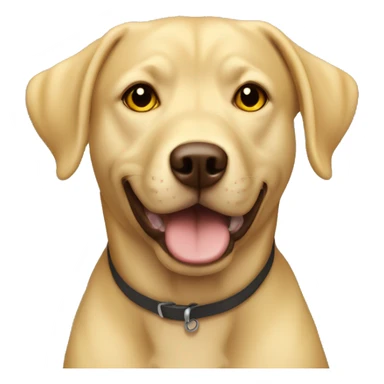 Lab pit mix with golden yellow color, two front teeth slightly visible, brown eyes and sitting sticker