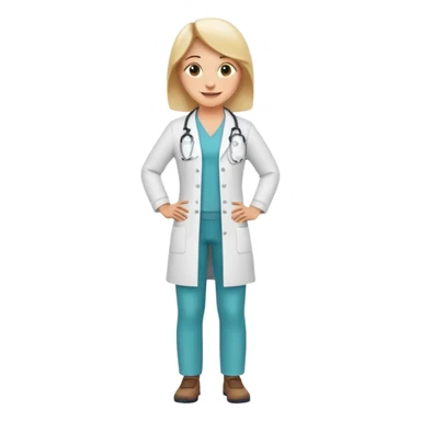 full body physiotherapist, white coat, smiling, hands on hips, emoji style sticker