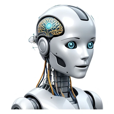 An icon featuring a humanoid robot, a neural network diagram, and a glowing brain, symbolizing artificial intelligence. The design includes binary code, a microchip, and data flow lines, representing machine learning, automation, and innovation. Transparent background sticker
