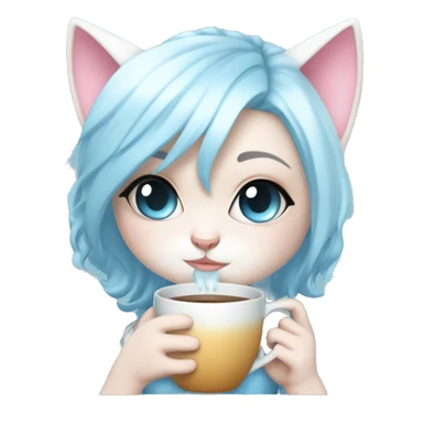 CHIBI WHITE SKIN CAT BABY BLUE AND BABY PINK SHOR HAIR GIRL WITH ONE EYE BLUE AND THE OTHER WHITE. ALSO SHE IS SIPPING A CUP sticker