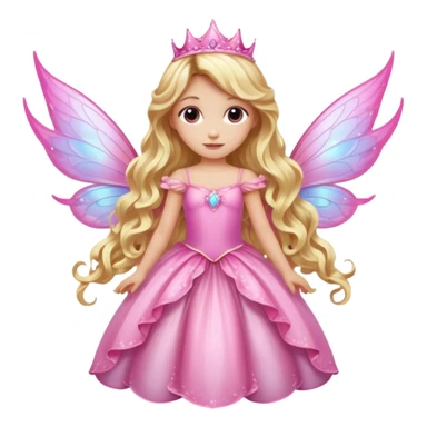 Detailed long pink princess dress, long blonde wavy hair, pink fairy wings sticker