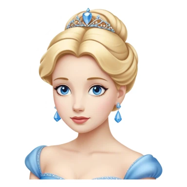 Cinematic Realistic Noble Cinderella Portrait, depicted with porcelain skin rendered in lifelike detail and soft, natural lighting that highlights every delicate nuance. Her intricately styled golden-blonde hair is arranged in an elegant updo, and her deep, expressive blue eyes radiate quiet determination. She wears her classic ball gown with rich fabric textures and delicate folds catching the light beautifully, all set against a subtly glowing, natural background that captures the essence of timeless royal grace. sticker