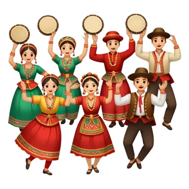 Icon for Folk Dance: a group of men and women performing a national dance in vibrant traditional costumes, with some holding castanets and tambourines. The icon should capture the festive and cultural energy of folk dance. Transparent background. sticker