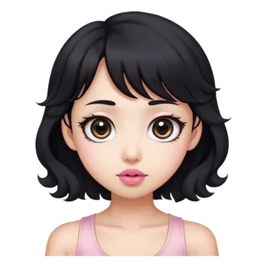 Black hair with a little brunette/ white tank top/asian but a little bit look like foreigner/ big eyes/ with blush/ small face/ pink lip/ long curly hair/ French bang/ sticker