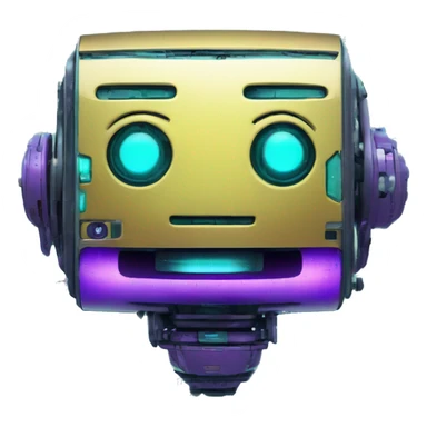 Smily face robotic scanning device, cyberpunk, cyan and purple colors, friendly, futuristic, binary code sticker