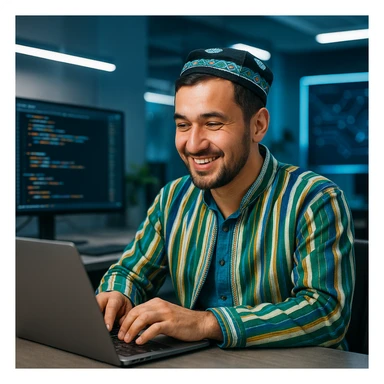 Uzbek programmer wearing traditional Uzbek doppi hat, coding on a laptop, friendly expression, modern tech vibe sticker