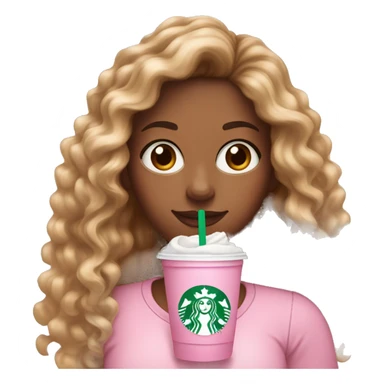 girl with brown and blonde ombré long curly hair holding Pink starbucks refresher sticker
