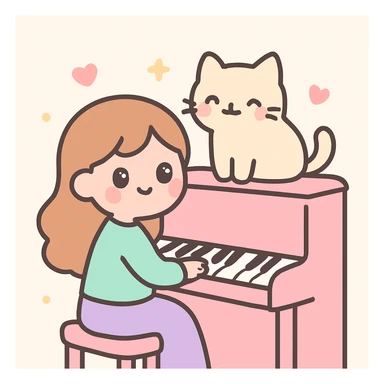 woman playing piano while her cat sits on top of the piano sticker