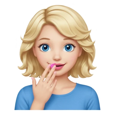 Girl Blonde short wavy hair,  blue eyes, cute blue top, long lashes, pink lips, smiling, hand covering the mouth sticker