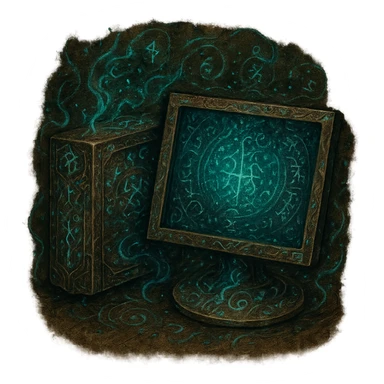 Re-create the Windows 'My Computer' icon as an Elden Ring incantation artwork. The style should be dark fantasy with mystical, ancient parchment background and glowing magical effects. The computer should appear as a powerful magical relic adorned with runes and arcane symbols. The image should be in 1080 x 1080 format with a transparent background, inspired by the provided incantation and sorcery icons. sticker