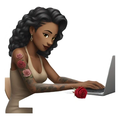 Hyper Realistic beautiful woman model with a small rose tattoo typing on a laptop  sticker