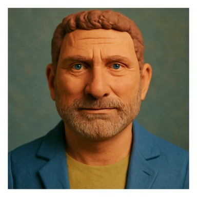 Create a claymation portrait that blends the facial features and expression of the person in the photo with the style and facial proportions of the Gerard Butler-inspired claymation art, featuring a narrower face and slightly larger forehead. sticker