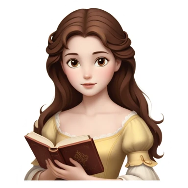 Cinematic Realistic Belle Portrait, depicted with lifelike skin texture, soft natural lighting, and intricately detailed brown hair styled elegantly. Her deep, expressive eyes exude warmth and intelligence, complemented by a serene and graceful expression. She gently holds a book in one hand, her other hand resting at her side, radiating an aura of beauty and intellect. She is dressed in her classic yellow ball gown, the fabric rich in texture with delicate folds that catch the light beautifully. The portrait features a soft, enchanting glow with a natural, radiant finish, capturing the essence of timeless beauty in a realistic and painterly style, evoking a sense of depth and authenticity. sticker